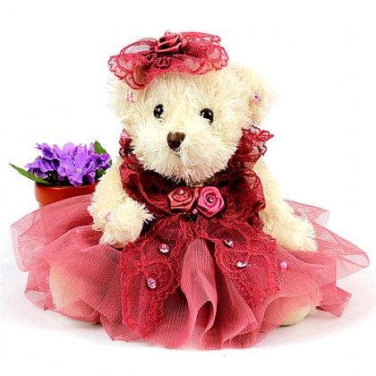 Key Chain - 12 PCS- Wedding Dress Teddy Bear - Burgundy - KC-Z2044BG